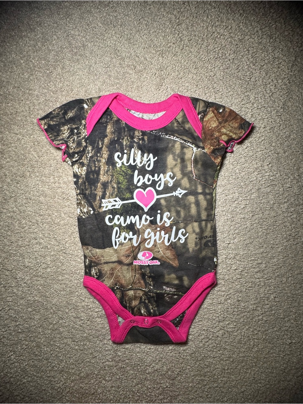 Mossy Oak Pink-Trim Camo One-Piece Bodysuit Baby Girl "Silly Boys"